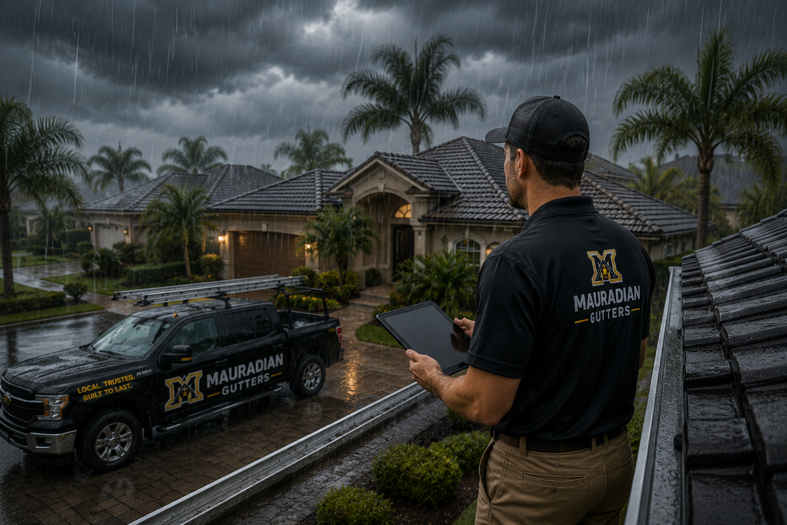Mauradian Gutters evaluating Florida weather, roof and drainage conditions.