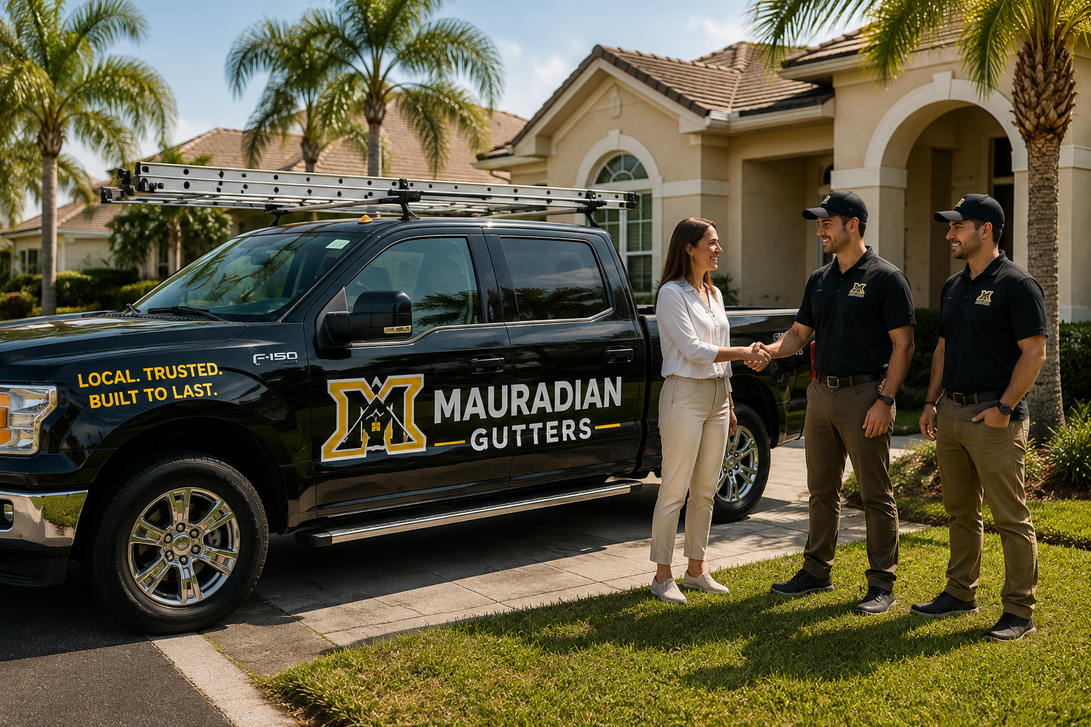 Mauradian Gutters local professionals meeting with a Florida homeowner.