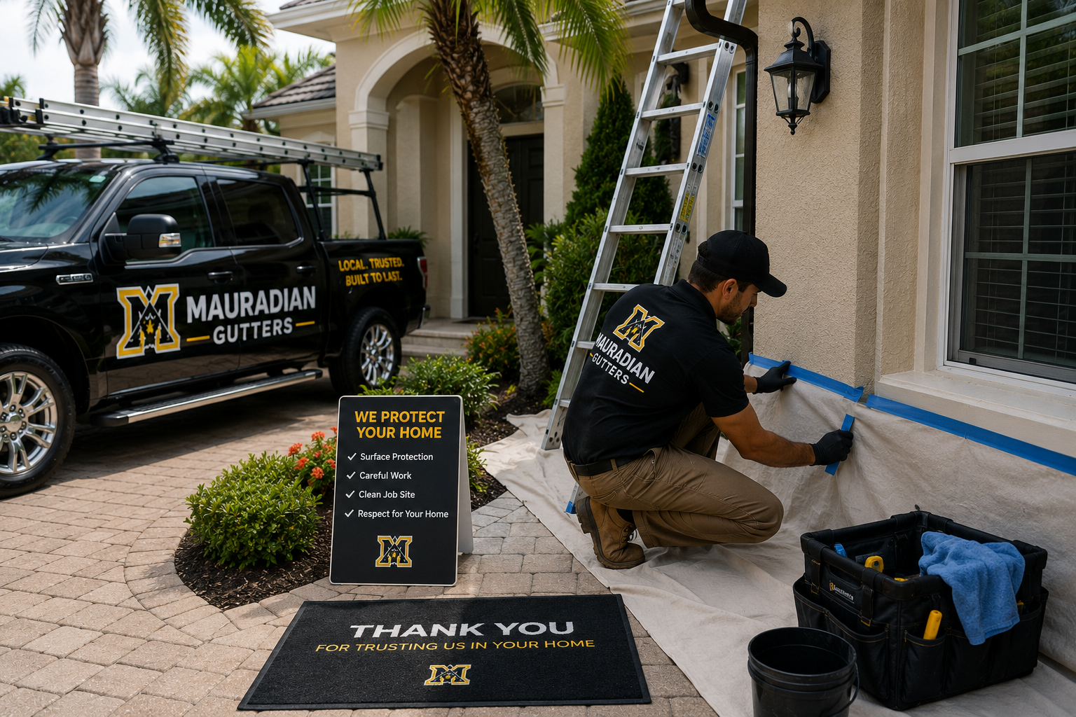 Mauradian Gutters carefully protecting a customer's Florida home during professional work.