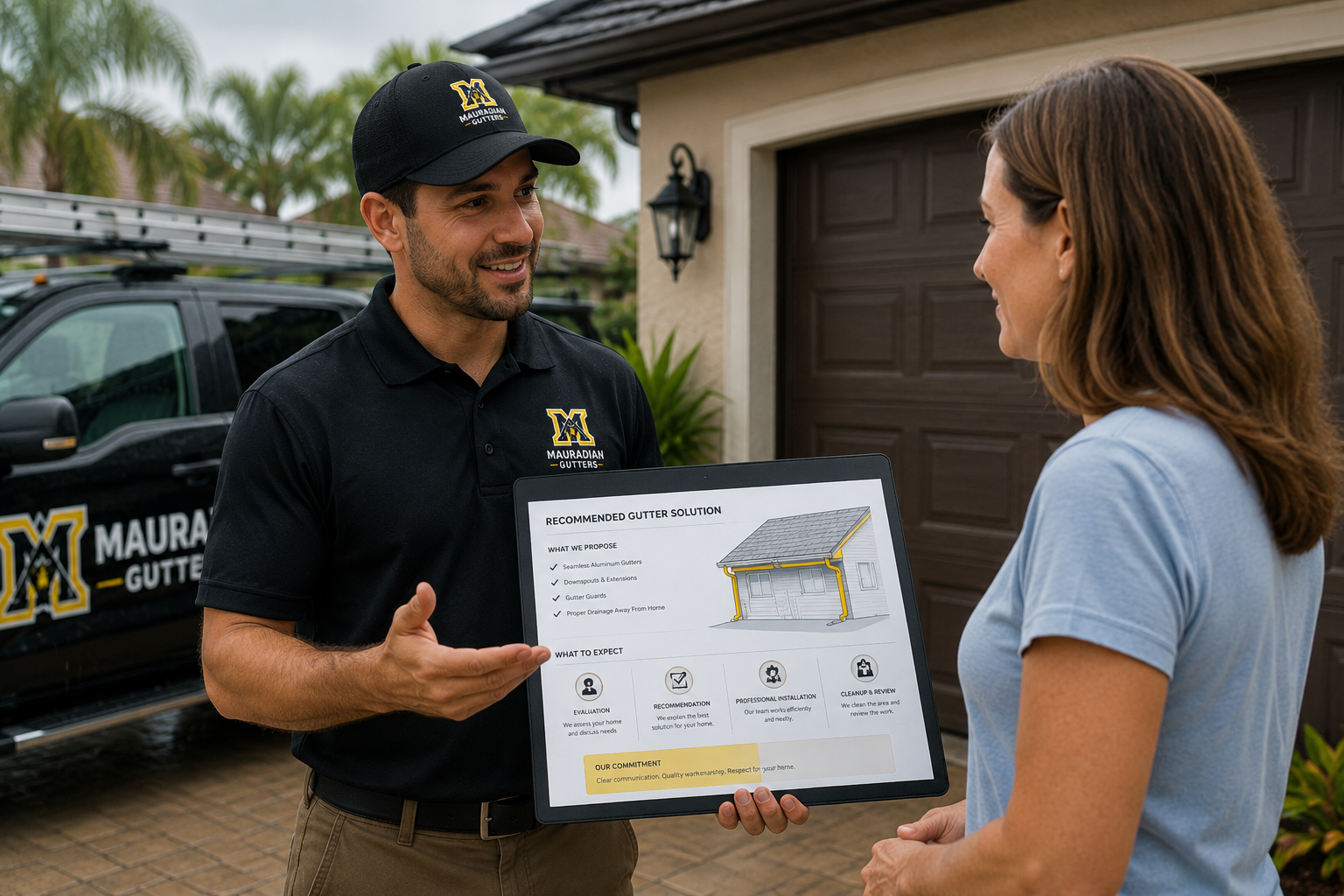 Mauradian Gutters professional clearly explaining gutter recommendations to a homeowner.