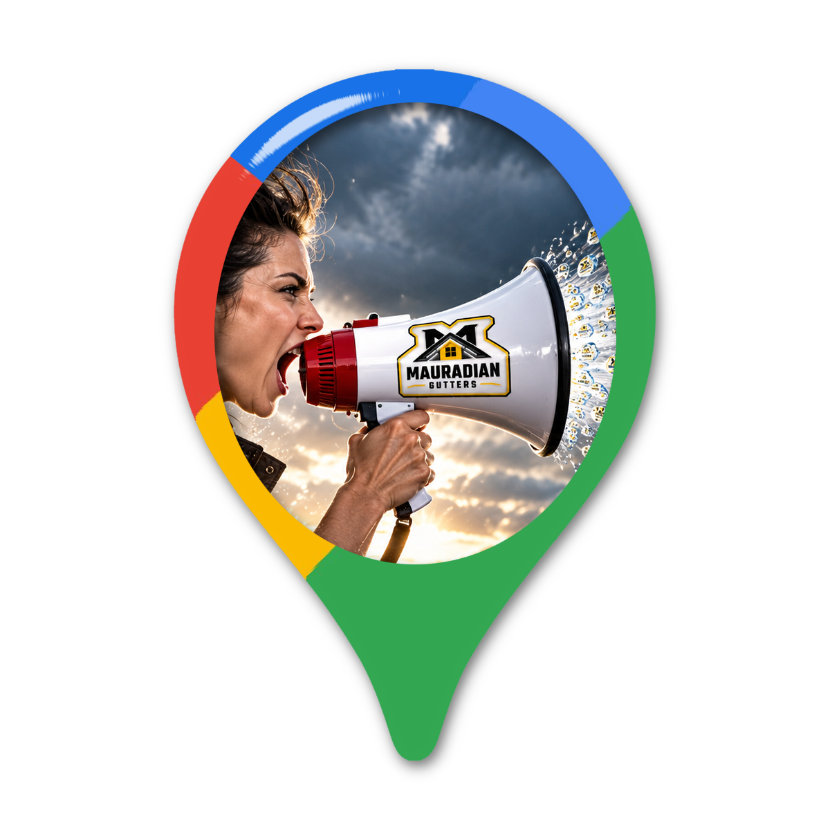 Homeowner holding a Mauradian Gutters megaphone inside a colorful location pin