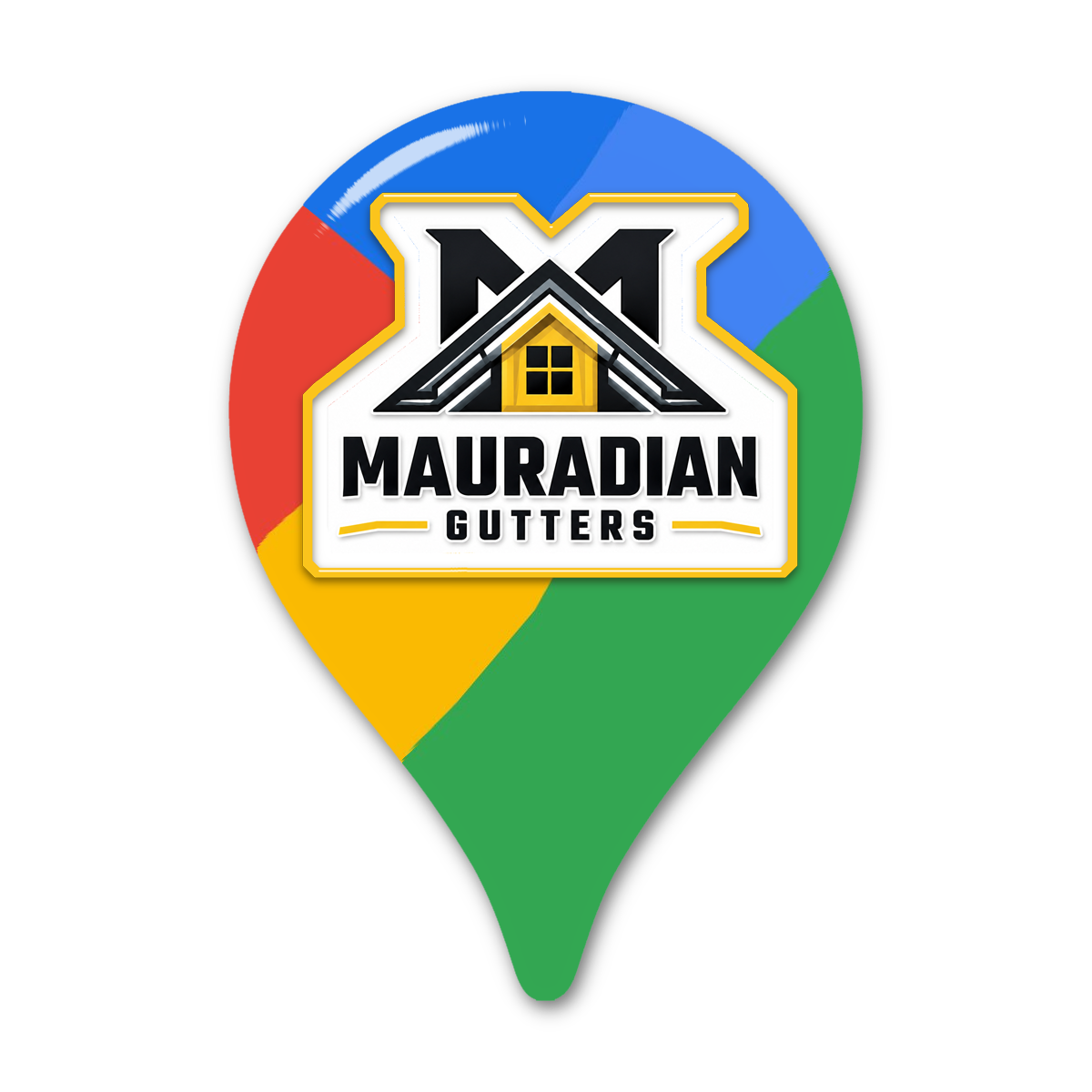 Mauradian Gutters logo inside a colorful location pin