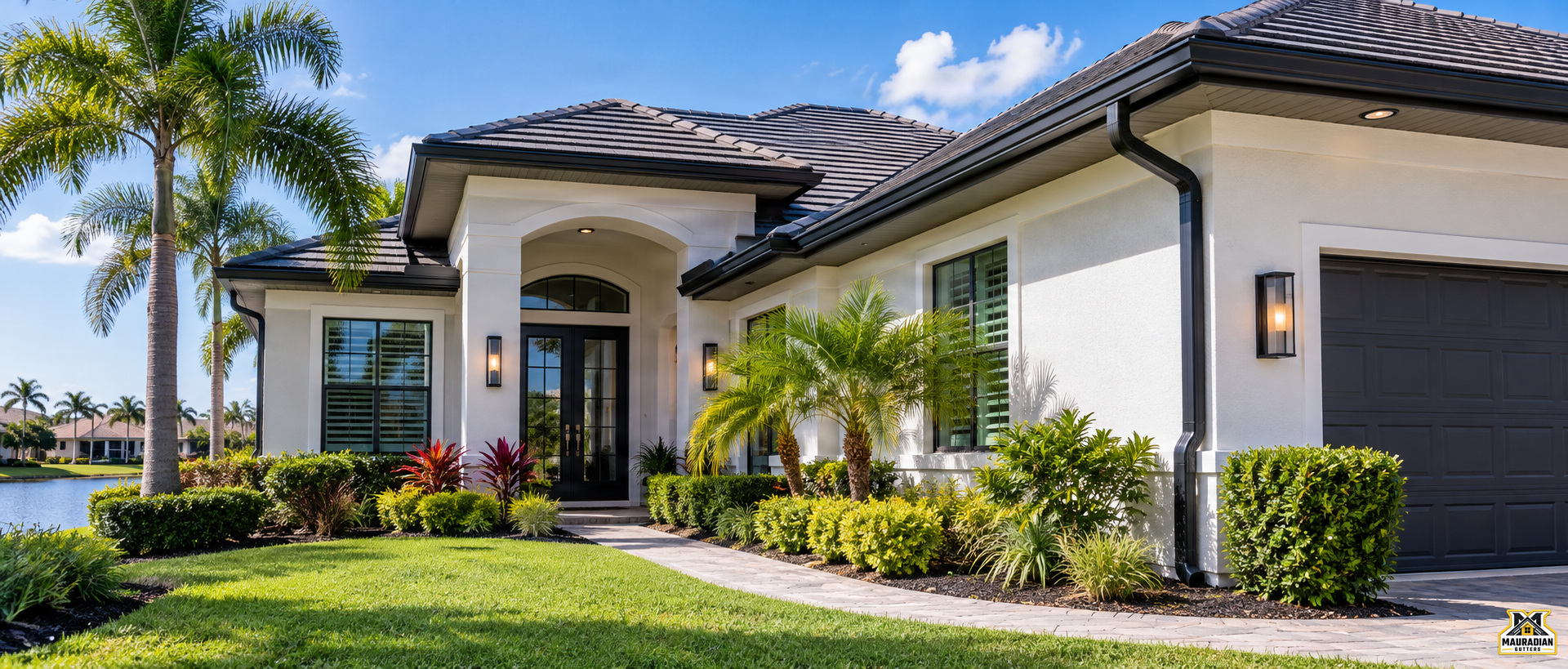 Florida home with dark seamless gutters and a spotless yard
