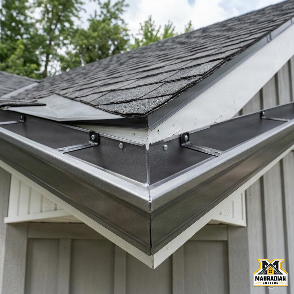 Close-up of a residential metal gutter corner and roofline showing gutter construction and installation details.