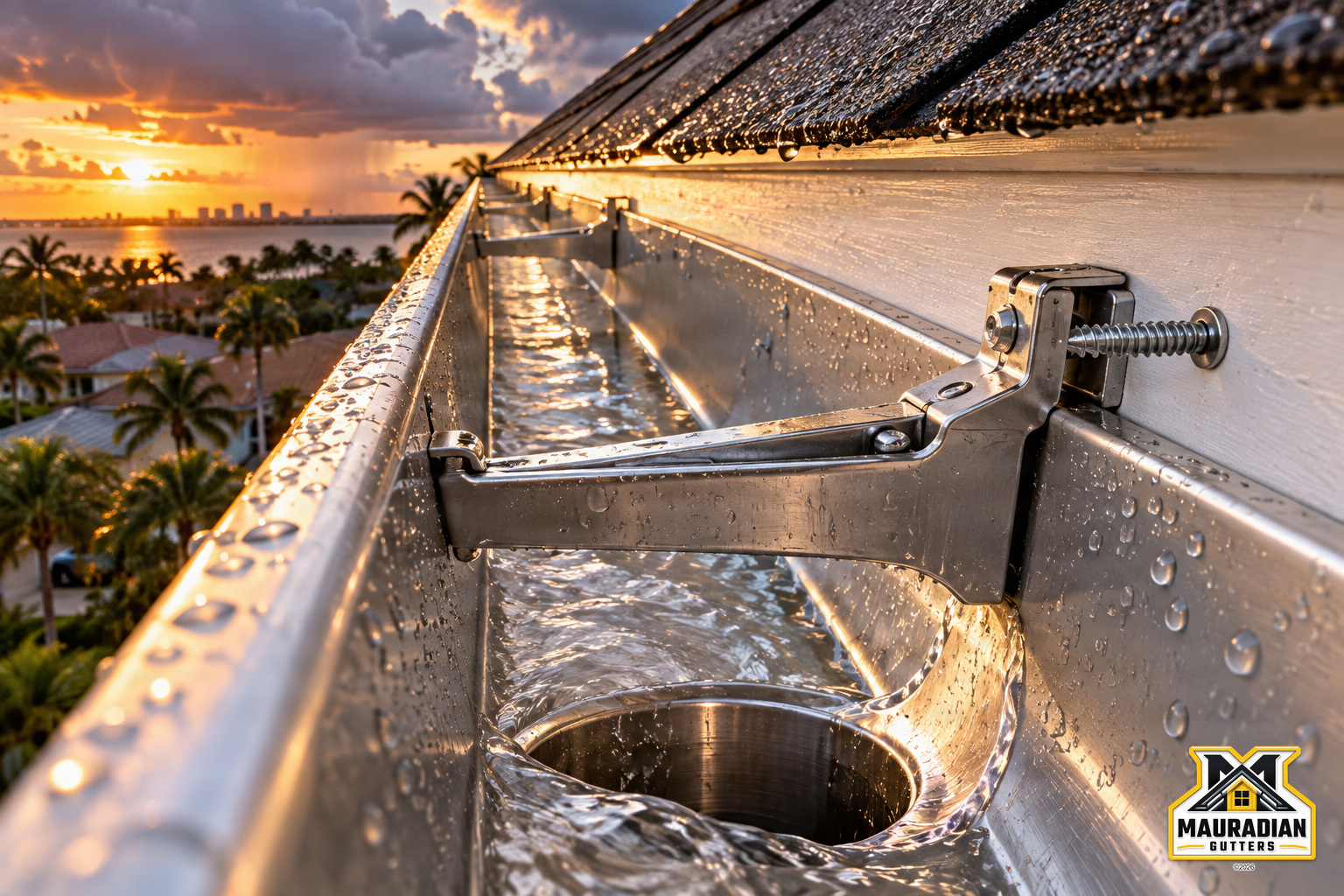 Rainwater flowing through a residential gutter toward an outlet during sunset, illustrating gutter drainage and water management.
