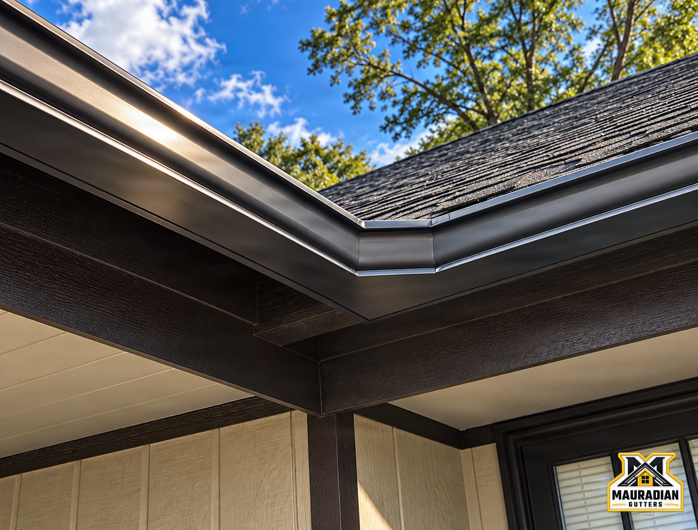 Close-up of dark seamless gutters installed along a residential roofline, illustrating gutter alignment and finished installation details.