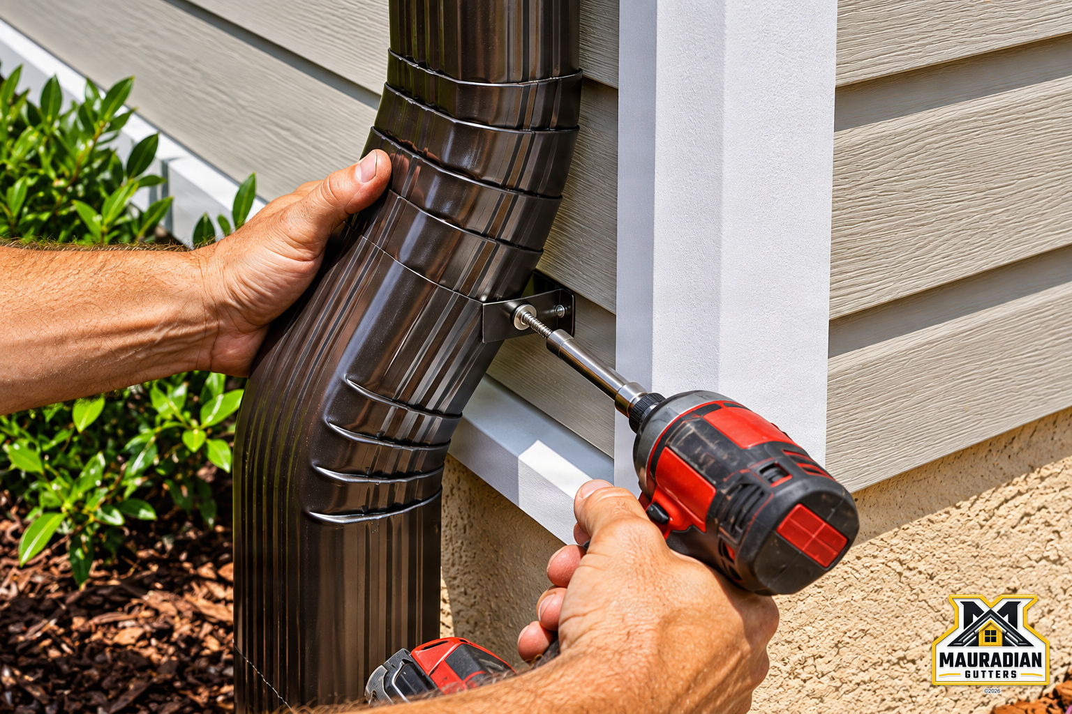 Close-up of a bronze-colored downspout being secured to a residential exterior with a mounting bracket.